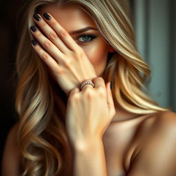 A stunning blonde model posing elegantly, showcasing her hand adorned with a beautiful, intricate bracelet