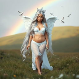 A beautiful, sexy petite girl with very long white, silver, and light blue hair, walking through a beautiful grassy hilly field after a light rain, with a vibrant rainbow in the background