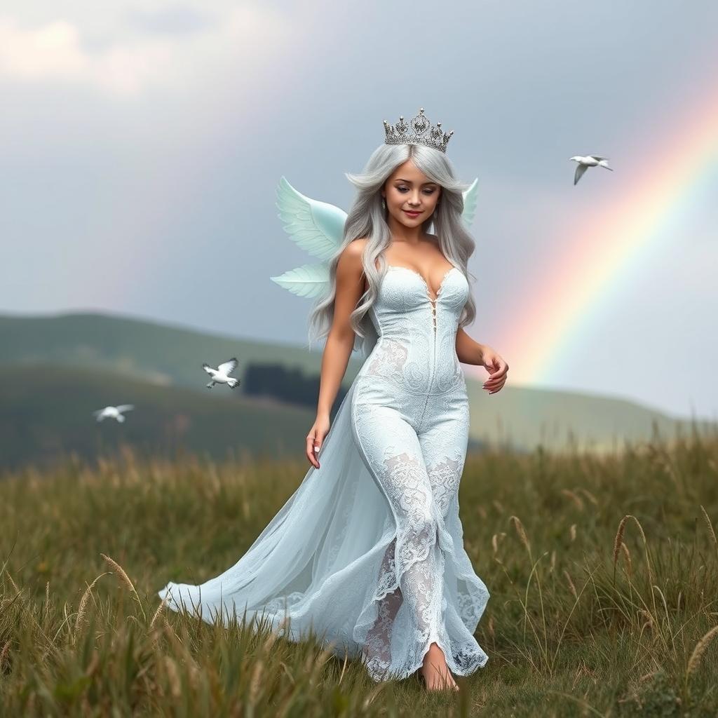 A beautiful, sexy petite girl with very long white, silver, and light blue hair, walking through a beautiful grassy hilly field after a light rain, with a vibrant rainbow in the background