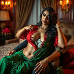 A provocative scene featuring an Indian maid in a torn red blouse and a green torn saree