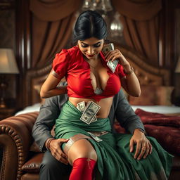 A provocative scene featuring an Indian maid in a torn red blouse and a green torn saree