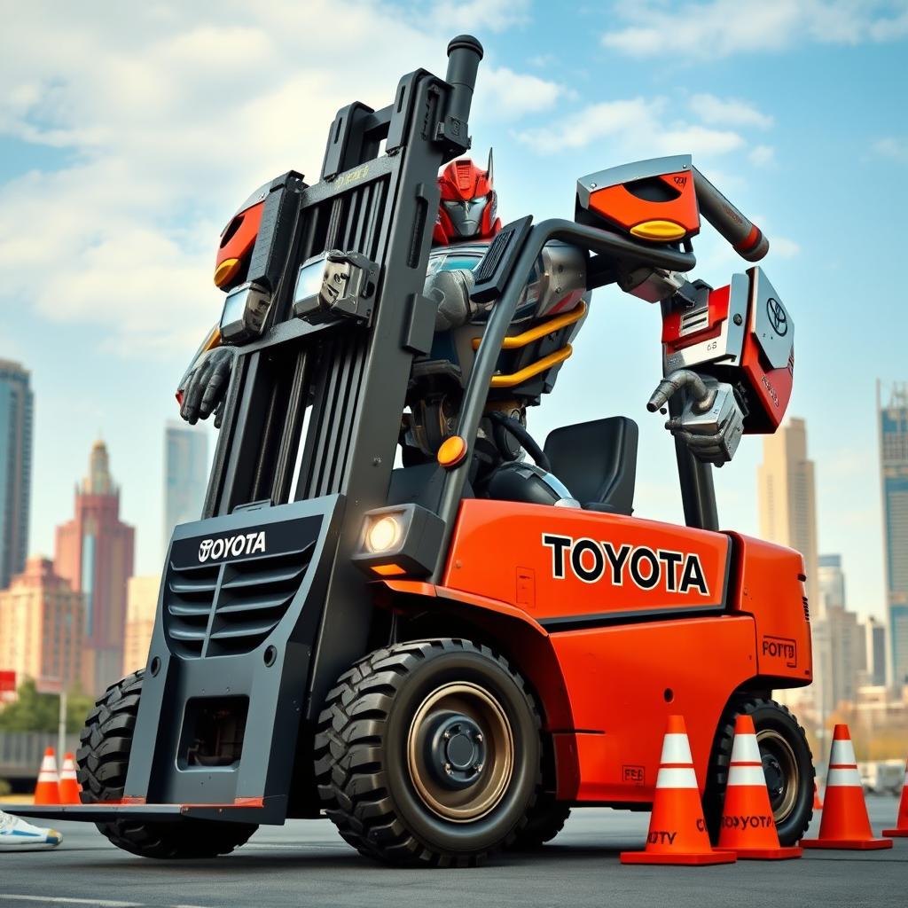 A vibrant and dynamic scene featuring a Toyota forklift transformed into a heroic transformer or superhero
