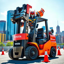 A vibrant and dynamic scene featuring a Toyota forklift transformed into a heroic transformer or superhero