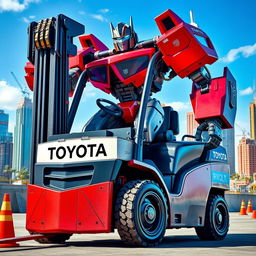 A vibrant and dynamic scene featuring a Toyota forklift transformed into a heroic transformer or superhero