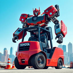 A vibrant and dynamic scene featuring a Toyota forklift transformed into a heroic transformer or superhero