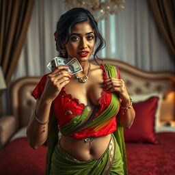 A daring and cheeky scene featuring an Indian maid in a torn red blouse and a green torn saree