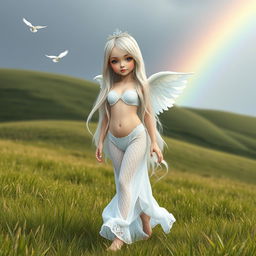 A beautiful, petite girl with very long white, silver, and light blue hair, characterized by a soft, sweet face and light pastel makeup