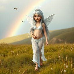 A beautiful, petite girl with very long white, silver, and light blue hair, characterized by a soft, sweet face and light pastel makeup
