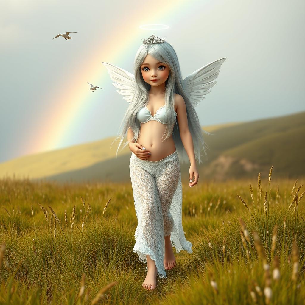 A beautiful, petite girl with very long white, silver, and light blue hair, characterized by a soft, sweet face and light pastel makeup