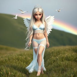 A beautiful, petite girl with very long white, silver, and light blue hair, characterized by a soft, sweet face and light pastel makeup