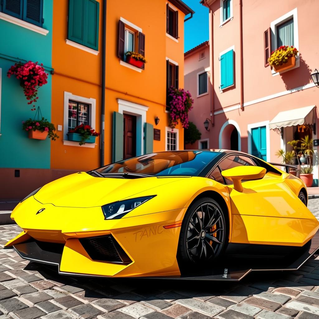 A wide-angle shot of a bright yellow Lamborghini Aventador parked diagonally on a cobblestone street in a picturesque Italian village