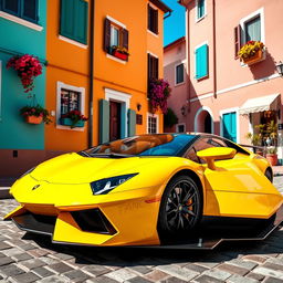 A wide-angle shot of a bright yellow Lamborghini Aventador parked diagonally on a cobblestone street in a picturesque Italian village