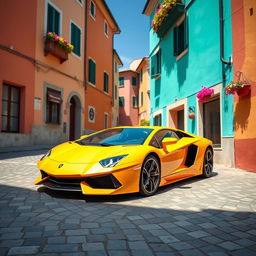 A wide-angle shot of a bright yellow Lamborghini Aventador parked diagonally on a cobblestone street in a picturesque Italian village