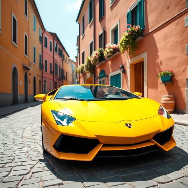A wide-angle shot of a bright yellow Lamborghini Aventador parked diagonally on a cobblestone street in a picturesque Italian village