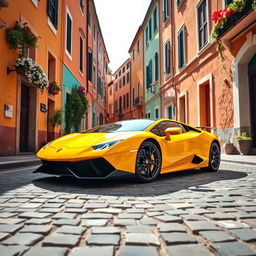 A wide-angle shot of a bright yellow Lamborghini Aventador parked diagonally on a cobblestone street in a picturesque Italian village