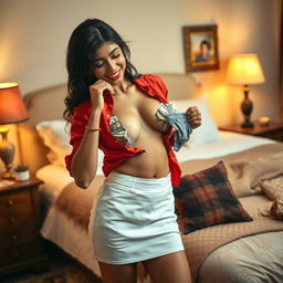 A cheeky scene featuring an Indian maid in a torn red blouse and a white mini skirt