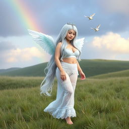 A beautiful, curvy girl with very long white, silver, and light blue hair, featuring a sweet, soft face adorned with light pastel makeup