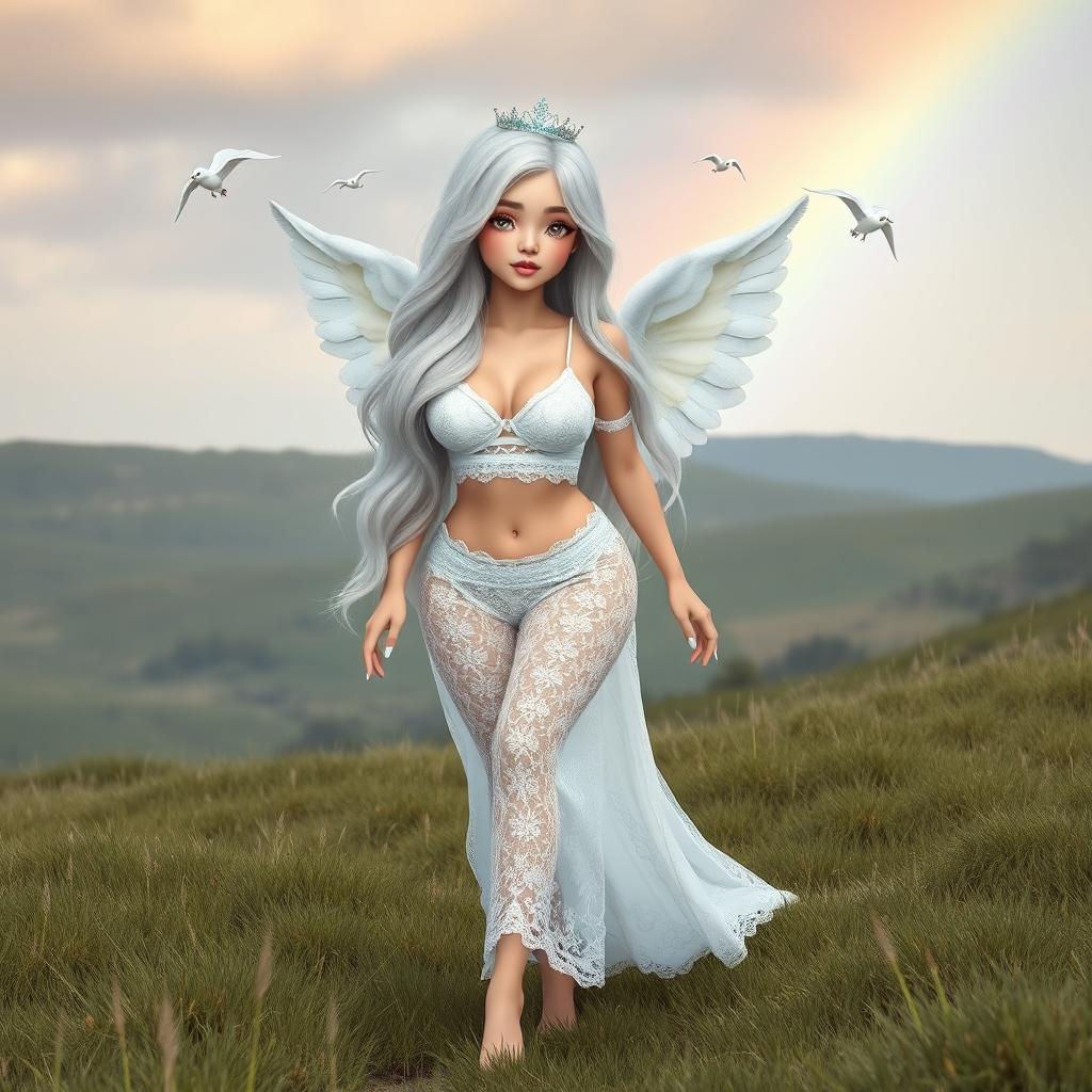 A beautiful, curvy girl with very long white, silver, and light blue hair, featuring a sweet, soft face adorned with light pastel makeup