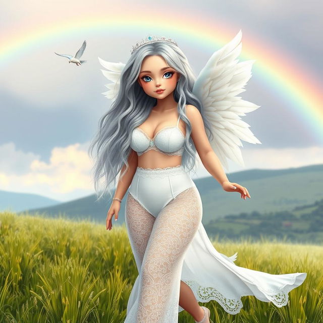 A beautiful, curvy girl with very long white, silver, and light blue hair, featuring a sweet, soft face adorned with light pastel makeup