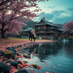 By the edge of a crystal-clear river, a grand Japanese-style mansion elegantly adorned, exuding timeless grace