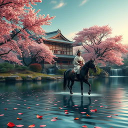 By the edge of a crystal-clear river, a grand Japanese-style mansion elegantly adorned, exuding timeless grace