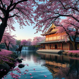 By the edge of a crystal-clear river, a grand Japanese-style mansion elegantly adorned, exuding timeless grace