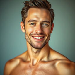 A confident man standing proudly, showcasing his healthy, glowing skin that appears to be revitalizing and youthful