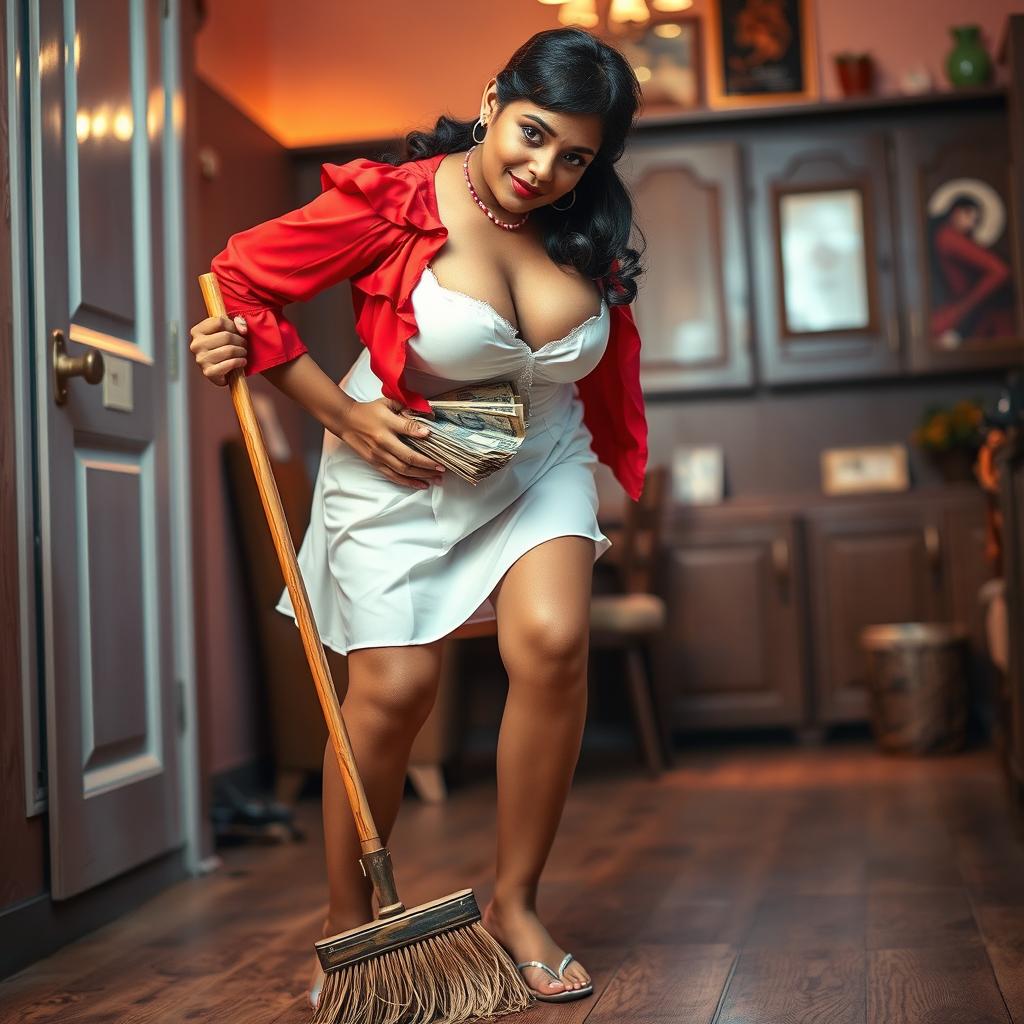 A playful scene showcasing an Indian maid dressed in a torn red blouse and a white mini skirt