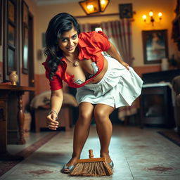 A playful scene showcasing an Indian maid dressed in a torn red blouse and a white mini skirt