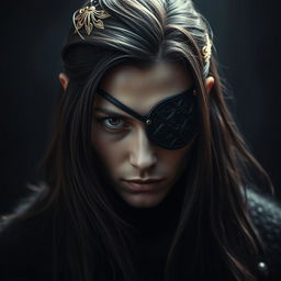 A mysterious character wearing an intricate eyepatch, with a striking gaze that captures the viewer's attention