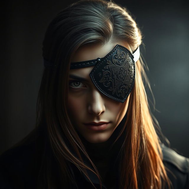 A mysterious character wearing an intricate eyepatch, with a striking gaze that captures the viewer's attention