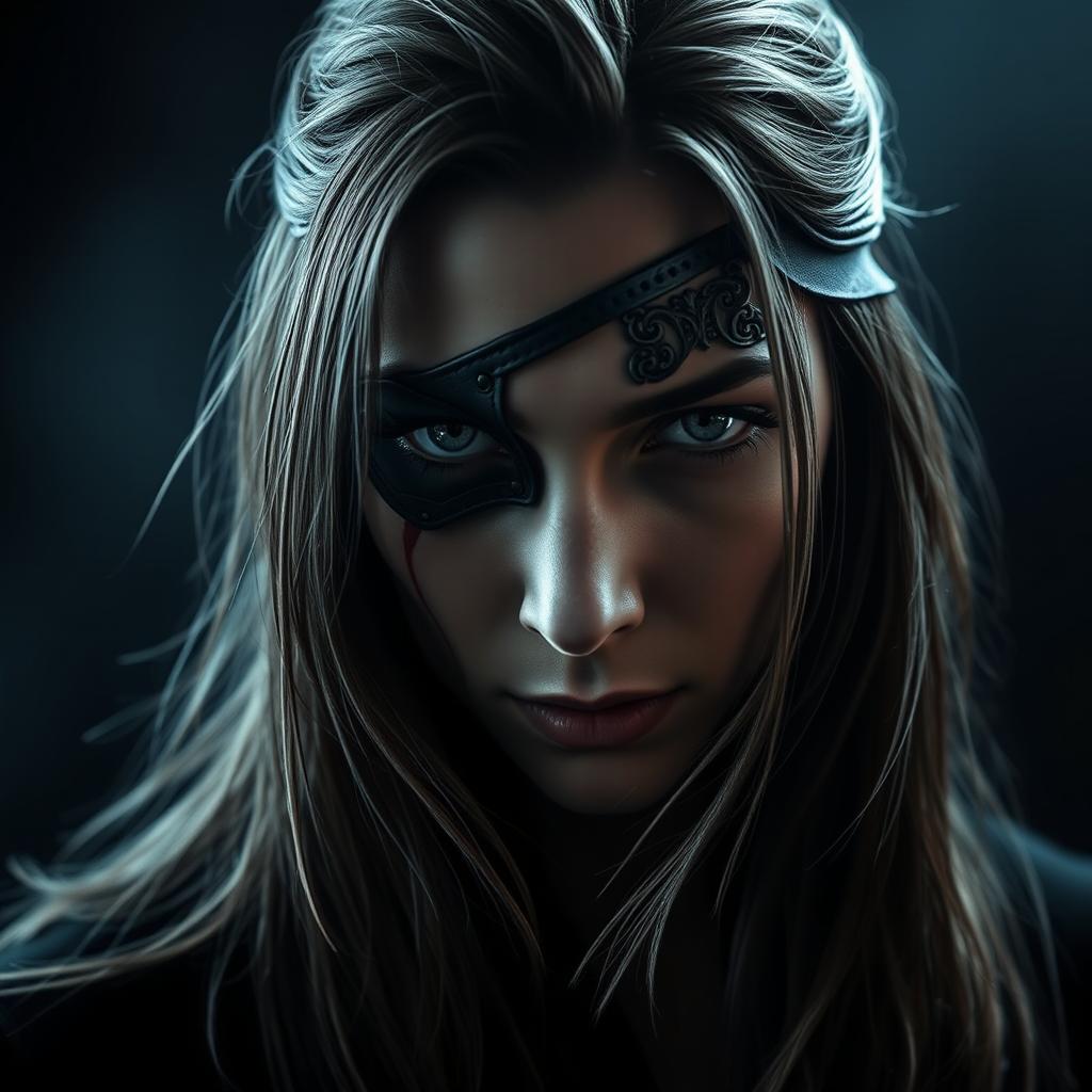 A mysterious character wearing an intricate eyepatch, with a striking gaze that captures the viewer's attention