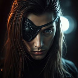 A mysterious character wearing an intricate eyepatch, with a striking gaze that captures the viewer's attention