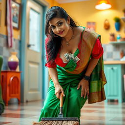 A playful scene featuring an Indian maid wearing a torn red blouse paired with a green saree