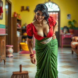 A playful scene featuring an Indian maid wearing a torn red blouse paired with a green saree