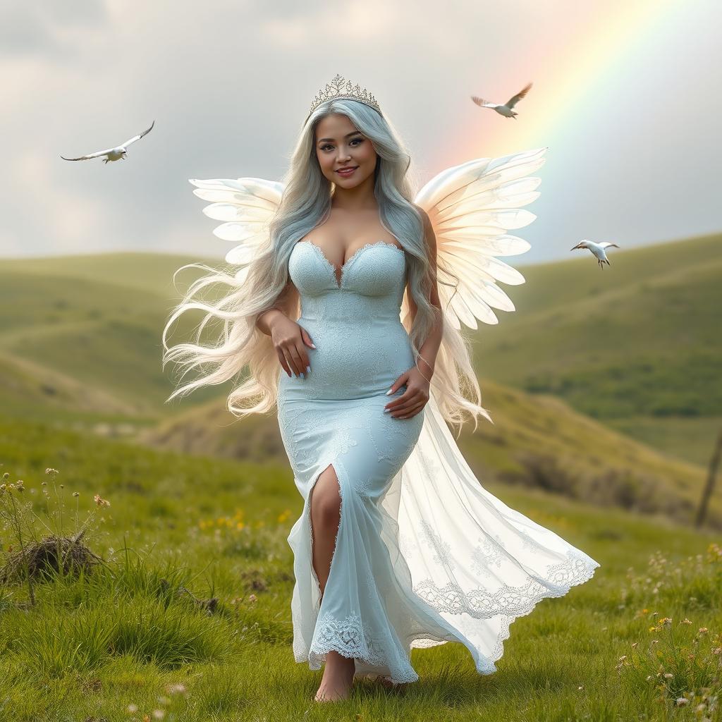 A beautiful, curvy girl with very long white, silver, and light blue hair, adorned with a sweet, soft face and light pastel makeup