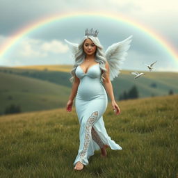 A beautiful, curvy girl with very long white, silver, and light blue hair, adorned with a sweet, soft face and light pastel makeup