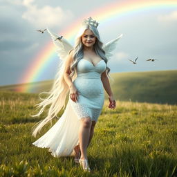A beautiful, curvy girl with very long white, silver, and light blue hair, adorned with a sweet, soft face and light pastel makeup