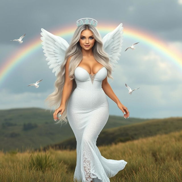 A beautiful, curvy girl with very long white, silver, and light blue hair, adorned with a sweet, soft face and light pastel makeup