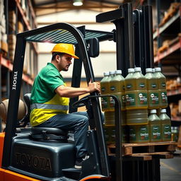 A forklift operator wearing a short-sleeve green uniform and a yellow hard hat is driving a Toyota forklift into a slightly inclined warehouse