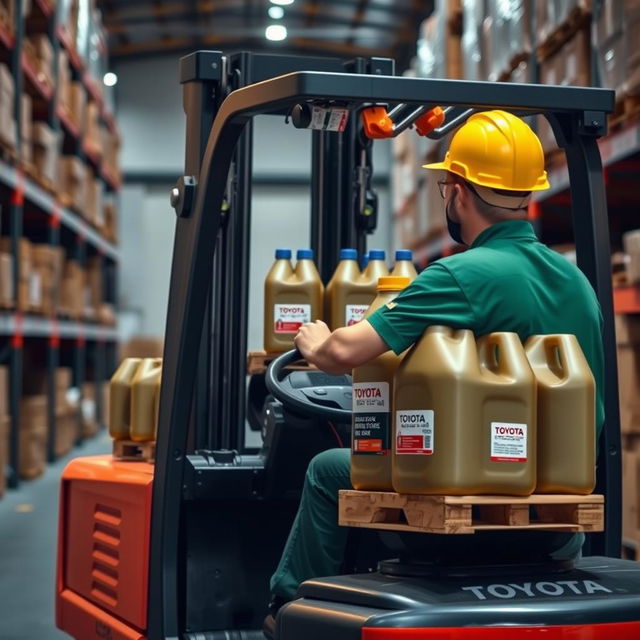 A forklift operator wearing a short-sleeve green uniform and a yellow hard hat is driving a Toyota forklift into a slightly inclined warehouse