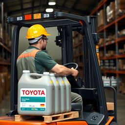 A forklift operator wearing a short-sleeve green uniform and a yellow hard hat is driving a Toyota forklift into a slightly inclined warehouse