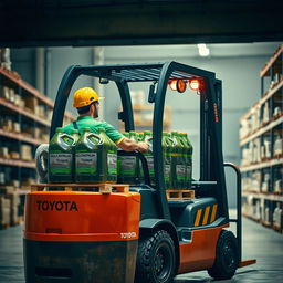 A forklift operator wearing a short-sleeve green uniform and a yellow hard hat is driving a Toyota forklift into a slightly inclined warehouse