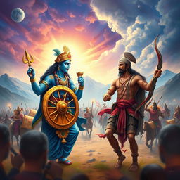 A vibrant and dynamic scene depicting Lord Krishna and Arjun on a grand battlefield, showcasing their iconic moment before the great Mahabharata war