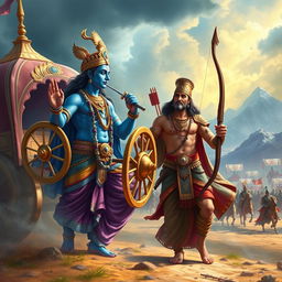 A vibrant and dynamic scene depicting Lord Krishna and Arjun on a grand battlefield, showcasing their iconic moment before the great Mahabharata war