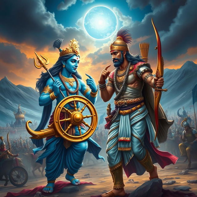 A vibrant and dynamic scene depicting Lord Krishna and Arjun on a grand battlefield, showcasing their iconic moment before the great Mahabharata war