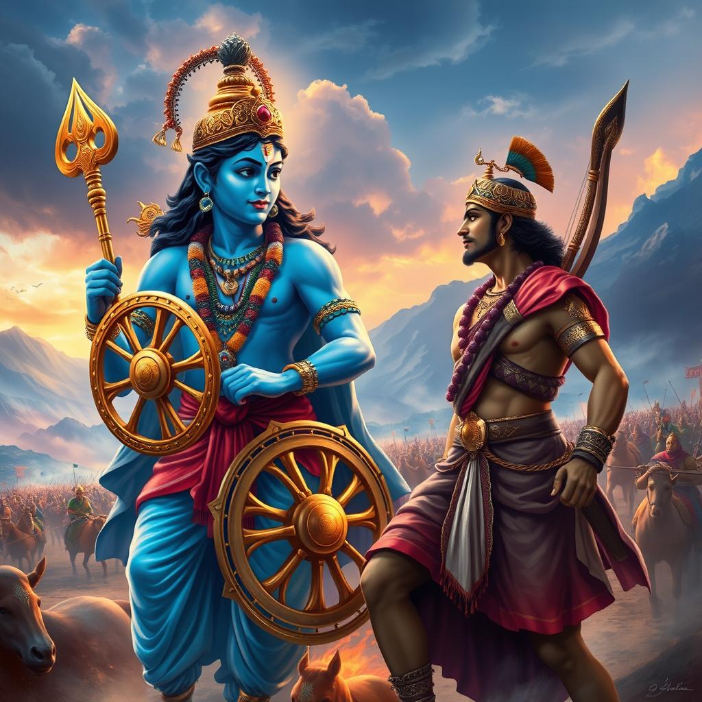 A vibrant and dynamic scene depicting Lord Krishna and Arjun on a grand battlefield, showcasing their iconic moment before the great Mahabharata war