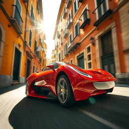 A close-up shot of a gleaming red Ferrari SF90 Stradale accelerating down a narrow, sunlit Italian street