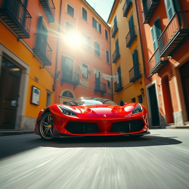 A close-up shot of a gleaming red Ferrari SF90 Stradale accelerating down a narrow, sunlit Italian street