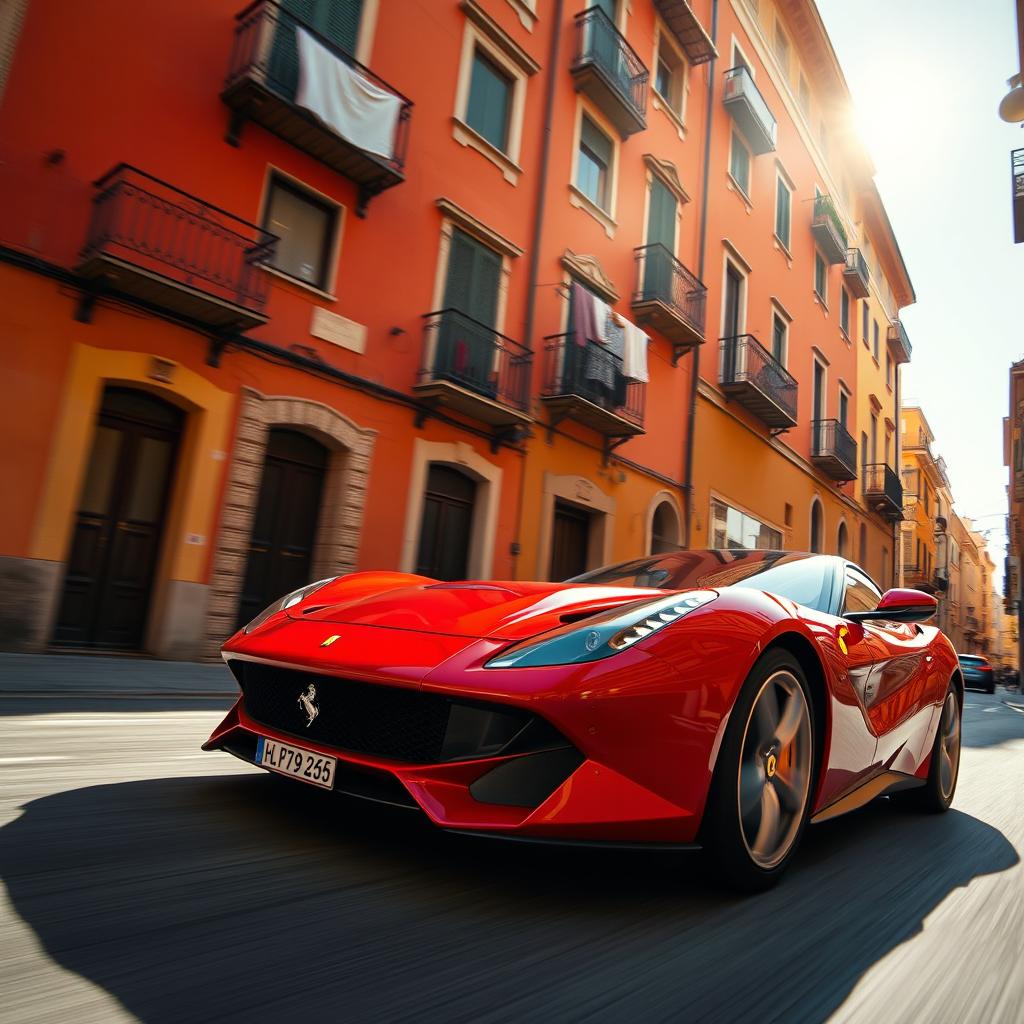 A close-up shot of a gleaming red Ferrari SF90 Stradale accelerating down a narrow, sunlit Italian street